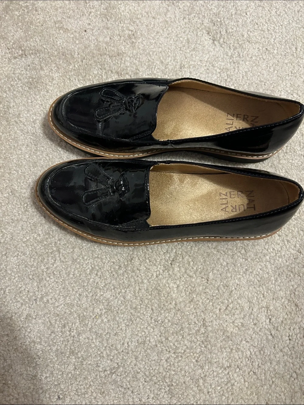 Naturalizer Black Patent Tassel Slip-On Loafers with Tan Trim